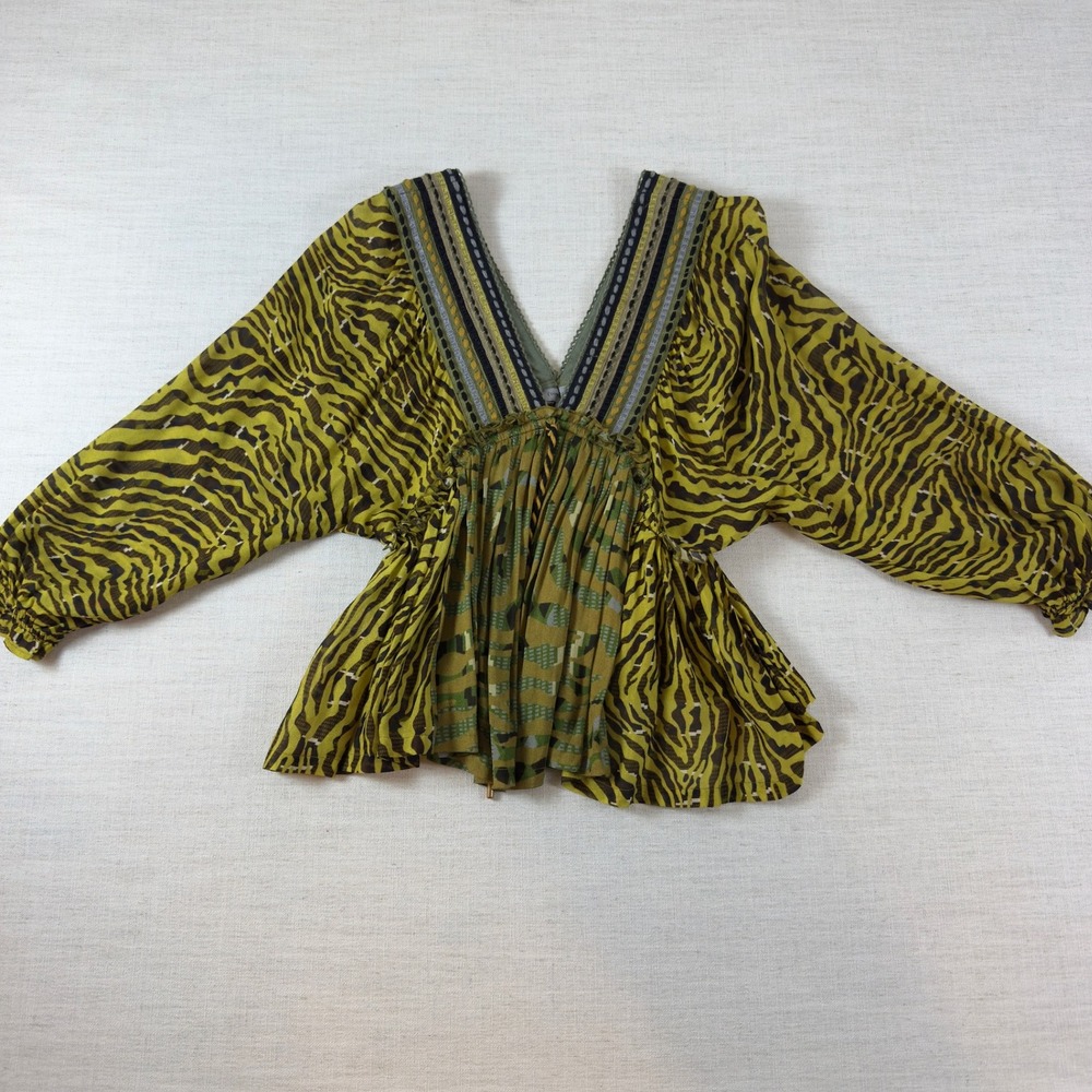 Conditions Apply Anthropologie Olive Green Animal Print V-Neck Blouse Small